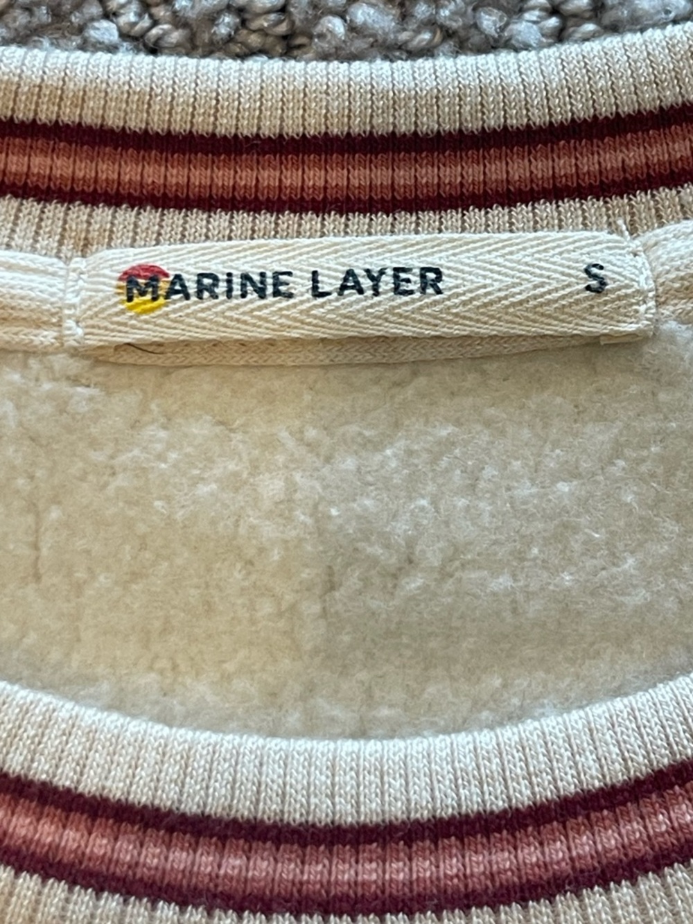 Marine Layer Oatmeal Crewneck Ringer Sweatshirt, Burgundy/Pink Trim, Pullover, S - Picture 5 of 15